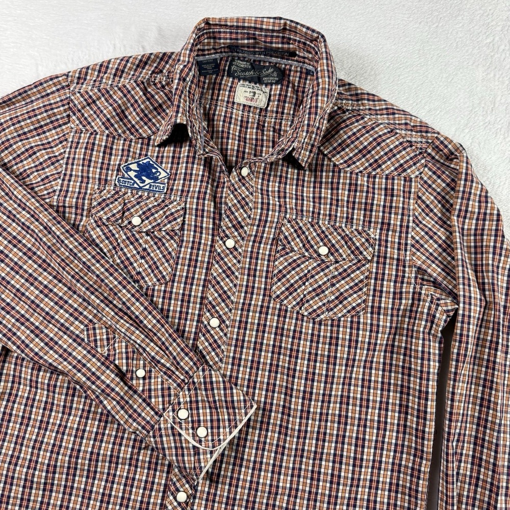 Scotch &‎ Soda Men's Large Plaid Western Pearl Snap Shirt Scotch Devils Patch
